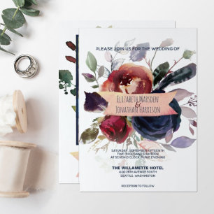 Photo Boho Rose Gold Burgundy Navy Floral Wedding Invitation