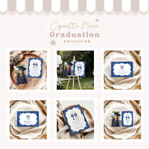 Blue Toile Bow Nurse School Grad Invitation