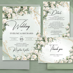 Boho White Roses Floral Garden greenery and gold Table Number