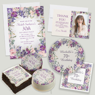 Purple Blush Pink Floral Leaves 70th Birthday  Paper Plates