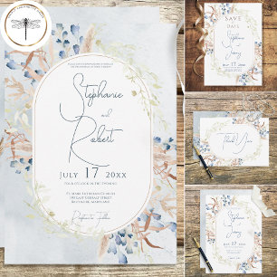 Blue & Tan Dried Boho Flowers Blue QR Code All In One Invitation