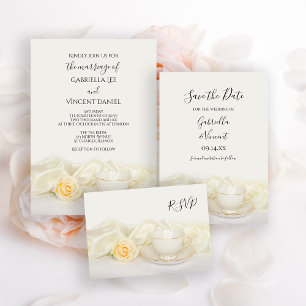 Tea Cup with White Rose Wedding Invitation