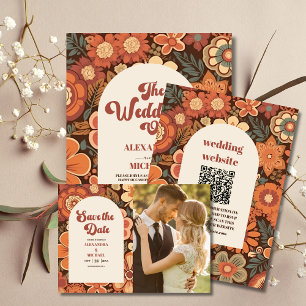 QR Code Arch Groovy Retro 70s Floral Wedding Invitation