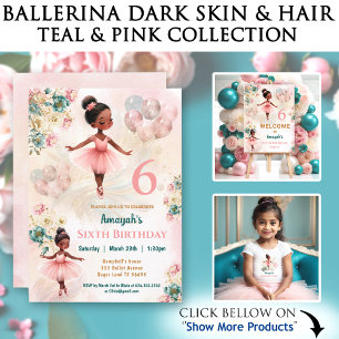 Ballerina Dark Skin Pink Teal Floral Birthday Napkins