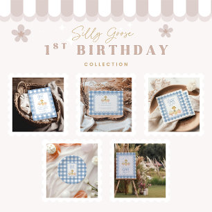  Blue Gingham Silly Goose 1st Birthday Paper Plates