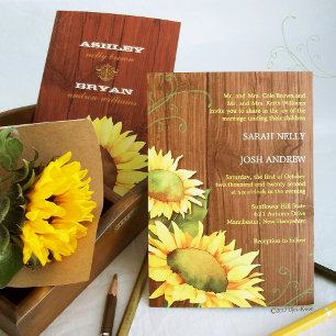 Watercolor Sunflowers & Wood Grain Wedding Invitation
