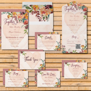 Floral Boho Heart Peach Wedding Invitation