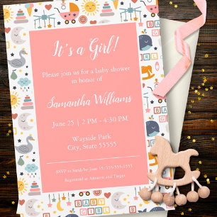 Cute Baby Girl Pink Pattern Baby Shower Gold Foil Invitation