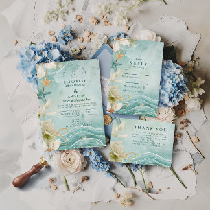 Modern Coastal Wave Floral Wedding RSVP Card