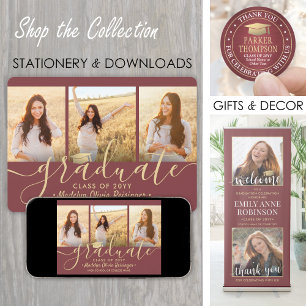 3 Photo Collage Burgundy and Gold Graduation Party Invitation