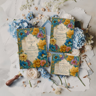 Teal Gold Botanical Wedding Invitation
