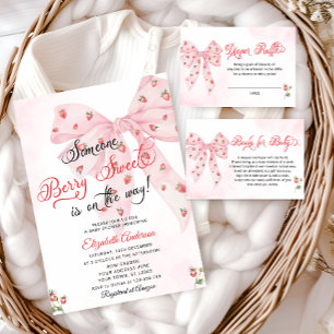 Pink Bow Strawberry Berry Sweet Girl Baby Shower Invitation