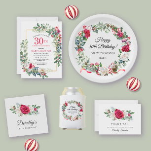 Red White Rose Floral Holly 30th Birthday Party Invitation