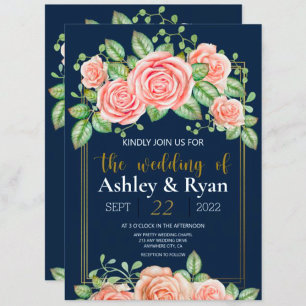 Navy Blue Gold Blush Floral Wedding Invitation