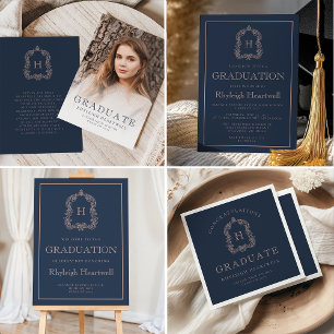 Monogram Crest Navy Blue Rose Graduation Party Napkins
