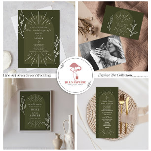 Line Art Arch Botanical Green Foil Invitation
