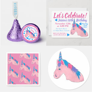 Let's Celebrate Pink Purple Unicorn Birthday Party Invitation