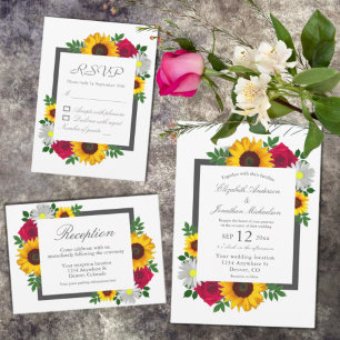 Sunflower Rose Daisy Autumn Floral Wedding RSVP Card