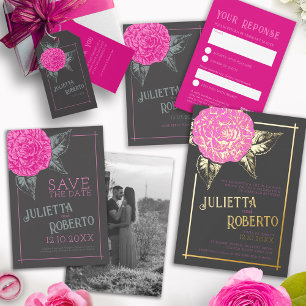 Inked camellia wedding pink gray brown  RSVP card