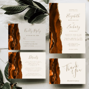 Burnt Orange Agate Gold Ivory Wedding Invitation