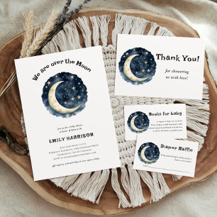 Watercolor Blue Space and Golden Moon Baby Shower Classic Round Sticker
