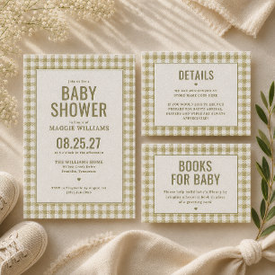 Green Gingham Gender Neutral Baby Shower Letterpress Invitation