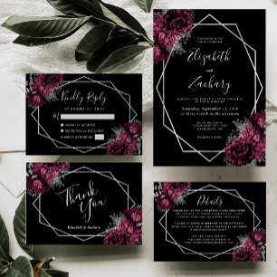 Burgundy Floral Silver Black Geometric Wedding Thank You Card