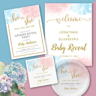Pink & Blue Watercolor Gold Glitter Gender Reveal Paper Plates
