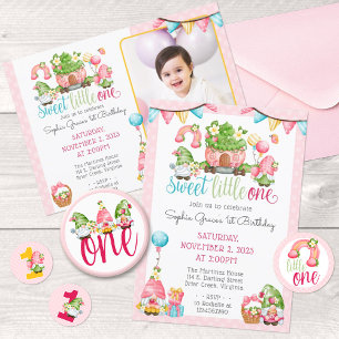 Strawberry Gnome Garden Baby Girl's 1st Birthday Button