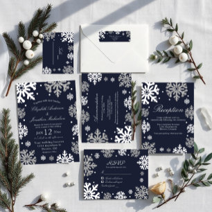 Navy Blue Snowflakes Winter Wedding Place Card