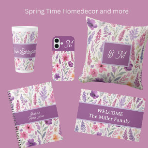 Romantic lila pink Pastel Botanical Spring Meadow Square Wall Clock