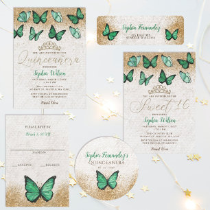 Emerald Green Gold Glitter Butterfly Sweet 16 Invitation
