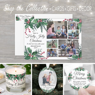 Holly Jolly Christmas Greenery 6 Photo Collage Holiday Card
