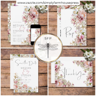 Delicate Modern Pink Blush Rose & Lily Wedding Thank You Card