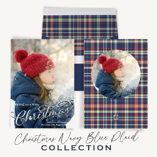 Merry Christmas Calligraphy Navy Blue Red Plaid Holiday Card