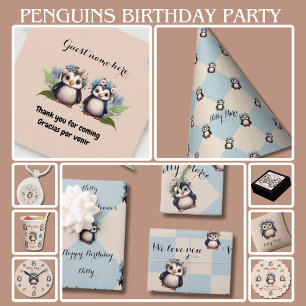 Cute Penguins Name Bilingual Text Spanish-Eng Invitation