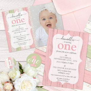 Rustic Sage Green & Pink Floral Wood 1st Birthday Invitation