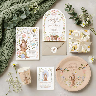 Cute Floral Woodland Knitted Bear Baby Shower Paper Plates