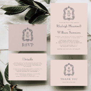 Classic Blush Pink Monogram Crest Wedding Invitation
