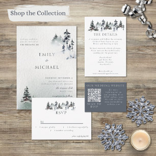 Minimalist Evergreen Mountain Green Slate Blue All In One Invitation