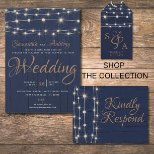 Rustic Navy String Lights All in One Wedding Invitation