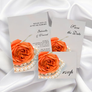 Orange Rose and White Pearls Wedding RSVP Card