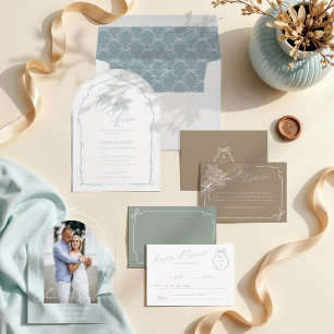 Elegant Blue Hand Drawn Bow & Ribbon Wedding Invitation
