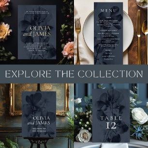 Dark Blue Moody Botanical Overlay Wedding Menu