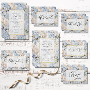 Blue & White Rustic Floral Gold Frame White Invitation