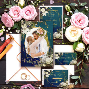 Floral Emerald Green and Gold Photo Wedding Invitation