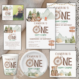 One Happy Camper Bear Woodland 1st Birthday  Invitation