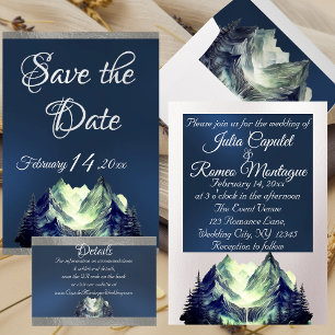 Watercolor Mountains & Blue Ribbon Wedding All In One Invitation