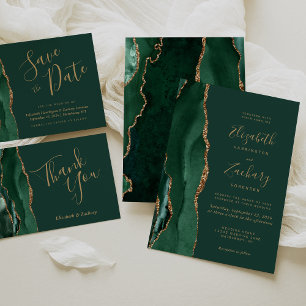 Emerald Green Gold Agate Wedding RSVP Card