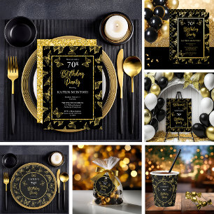 Elegant Butterflies 70th Birthday Party Black Gold Foil Invitation